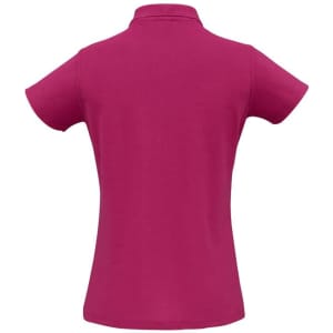 A ladies polo shirt in a vibrant magenta colour, featuring a classic collar and short sleeves. It has a logo.