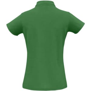 A green ladies polo shirt with a collar and short sleeves, featuring a logo on the back.