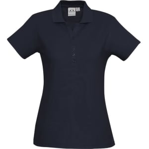 A navy polo shirt for women featuring a collar and button placket, with a logo on the chest area.