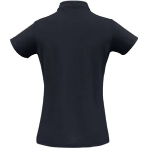 A short-sleeved polo shirt in navy blue with a collar and a logo. The back view showcases its sleek design.