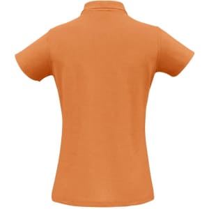 A plain orange polo shirt with a fitted design and short sleeves, featuring a collar and a logo.