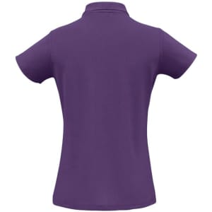 A purple ladies' polo shirt featuring a collar and short sleeves, with a branding logo on the back.