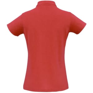 A red polo shirt with a collar and short sleeves, featuring a logo on the back.
