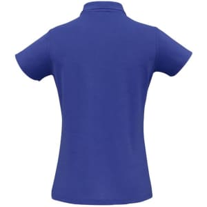 A blue ladies polo shirt featuring a classic collar and short sleeves, with a logo on the back.