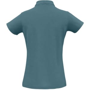 A teal ladies' polo shirt featuring a classic collar and short sleeves, with a logo on the back.