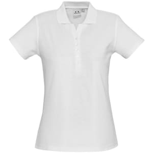 A white polo shirt for ladies featuring a collar, short sleeves, and a front button placket. Includes a logo.