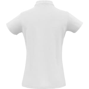 A white ladies polo shirt with a collar and short sleeves, featuring a logo on the back.