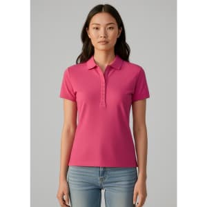 A pink polo shirt with a collar and short sleeves, featuring a logo on the front.