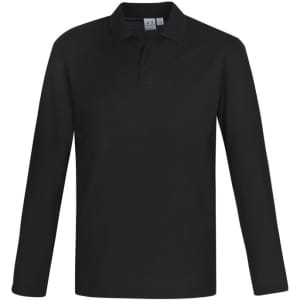 A long sleeve polo shirt in black, featuring a collar and a logo on the chest.