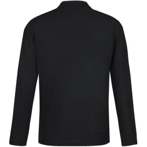 A black long sleeve polo shirt with a collar, featuring a logo on the back.