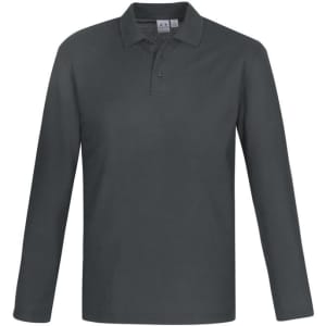 A long sleeve polo shirt in dark green, featuring a classic collar and a logo on the chest.