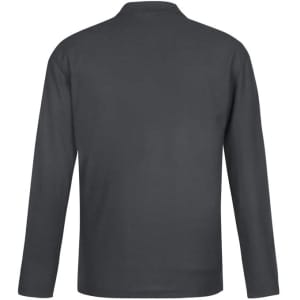A black long sleeve polo shirt featuring a simple design and a branding logo on the back.