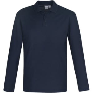A long sleeve polo shirt in navy blue with a collar and a logo.