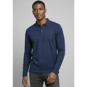 A navy long sleeve polo shirt for men, featuring a collar and a logo on the chest.