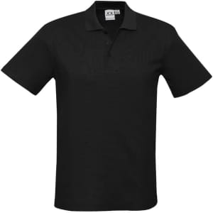 A black men's polo shirt featuring a collared neck and short sleeves, with a logo on the chest.