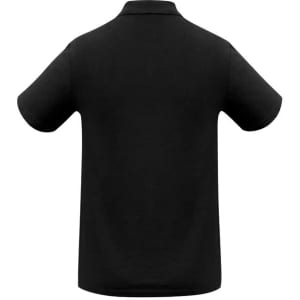 A black polo shirt with a classic collar and short sleeves, featuring a branding logo on the back.