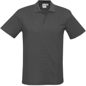 A dark grey men's polo shirt with a collar and short sleeves. It features a logo on the label.