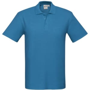 A blue polo shirt with a collar and short sleeves, featuring a logo on the chest area.