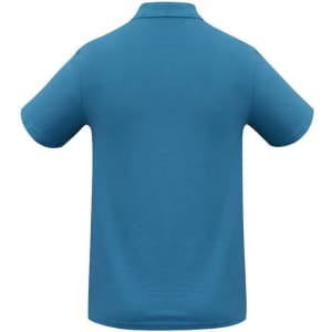 A turquoise men's polo shirt with short sleeves and a collar, featuring a logo on the back.