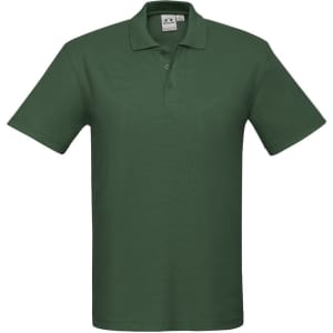 A green polo shirt with a collar, short sleeves, and a logo on the chest area.