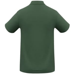A green polo shirt with short sleeves and a collar, featuring a logo on the back.