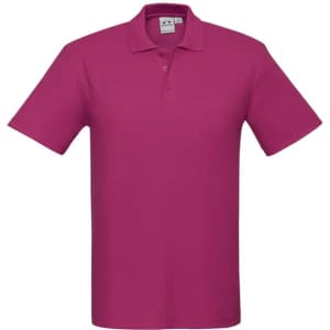 A magenta polo shirt with a collar and a logo on the tag. Short sleeves and a classic fit design.