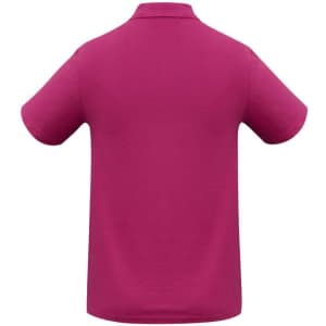 A magenta polo shirt with short sleeves and a collar. The back view features a simple design with a logo.