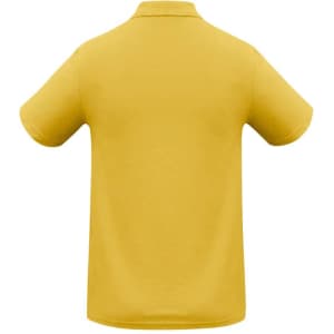 A yellow polo shirt with a classic collar and short sleeves, featuring a logo on the back.