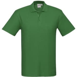 A green polo shirt with a collar and short sleeves, featuring a logo on the left side.