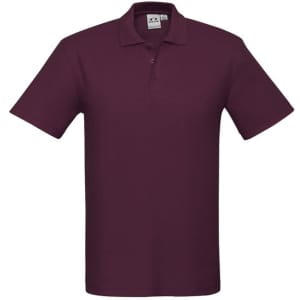 A maroon polo shirt with a collar, short sleeves, and a logo on the upper left.