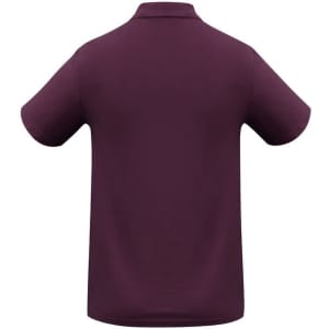 A maroon polo shirt with short sleeves and a collar, featuring one logo on the back.