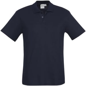 A navy blue polo shirt with a collar, short sleeves, and a logo on the chest.
