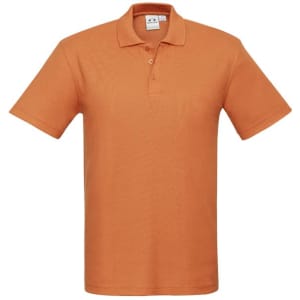 An orange men's polo shirt featuring a collar and three buttons, with a logo on the chest.