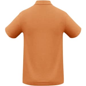 A back view of a short-sleeved, orange polo shirt with a collar and a logo.