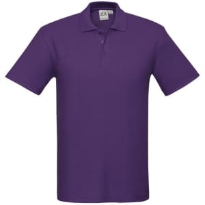 A purple polo shirt in a classic style with a collar, featuring a logo.