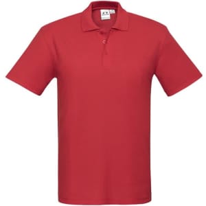 A red short sleeve polo shirt featuring a collar and a logo on the chest.
