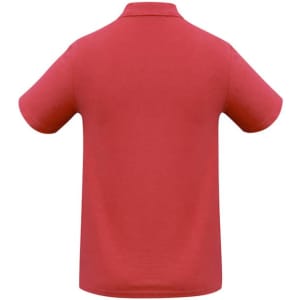 A red polo shirt with short sleeves and a collar, featuring a branding logo on the back.