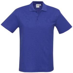 A blue polo shirt with a collar and short sleeves, featuring a logo on the chest.