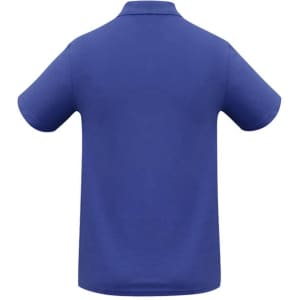 A blue polo shirt featuring a collared neck and short sleeves. The shirt has a logo on it.