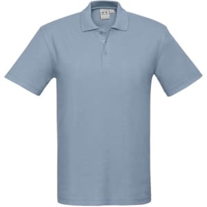 A light blue polo shirt with a collar and three buttons, featuring a logo on the chest area.