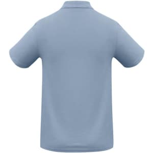 A light blue polo shirt with short sleeves and a collar, featuring a logo on the front.