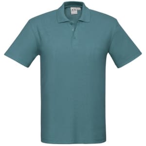 A teal polo shirt featuring a collar and short sleeves, with a logo on the label.