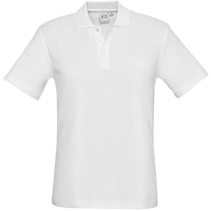 A white polo shirt with a collar and short sleeves, featuring a logo on the chest.