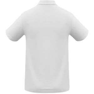A white men's polo shirt featuring a classic collar and short sleeves, with a branding logo on the chest.