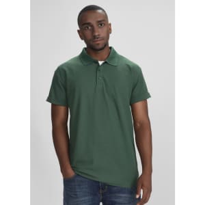 A green polo shirt with a collar and rolled sleeves, featuring a logo on the chest.