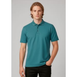 A teal polo shirt featuring a collar, short sleeves, and a logo. Suitable for casual wear.