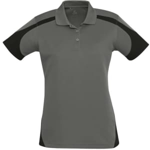 A women's short sleeve polo shirt in grey with black accents and a logo on the chest.