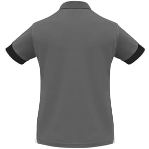 A short sleeve polo shirt in grey with black accents and a logo.