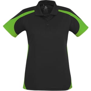 A women's short sleeve polo shirt in black with green accents, featuring a logo on the chest.