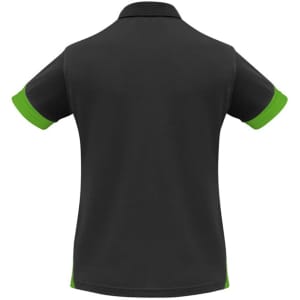 A black women's polo shirt with green accents on the sleeves, featuring a logo on the back.